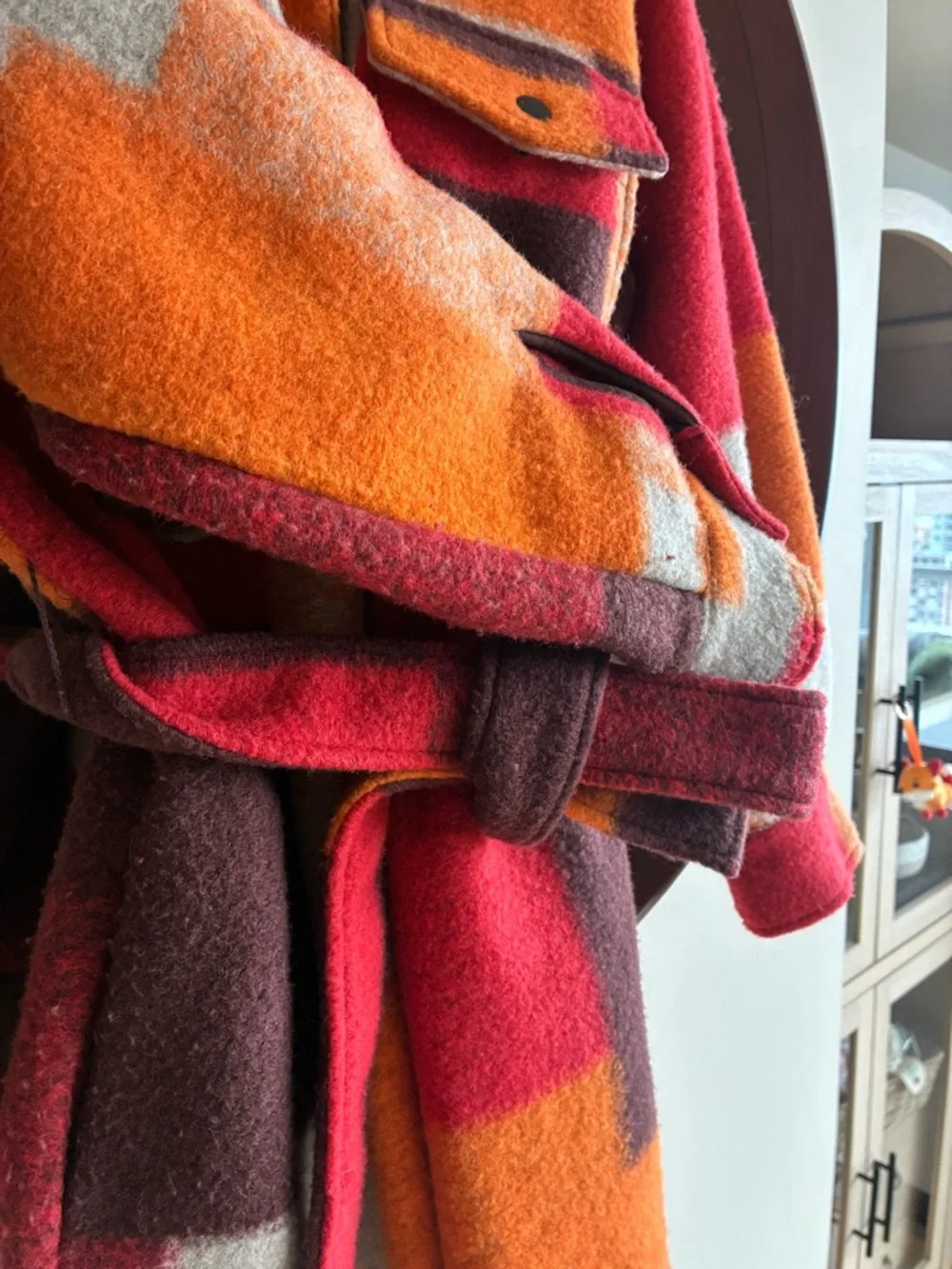 Desigual Red Orange Brown Cream Colorblock Belted Wool Coat - Picture 3 of 8